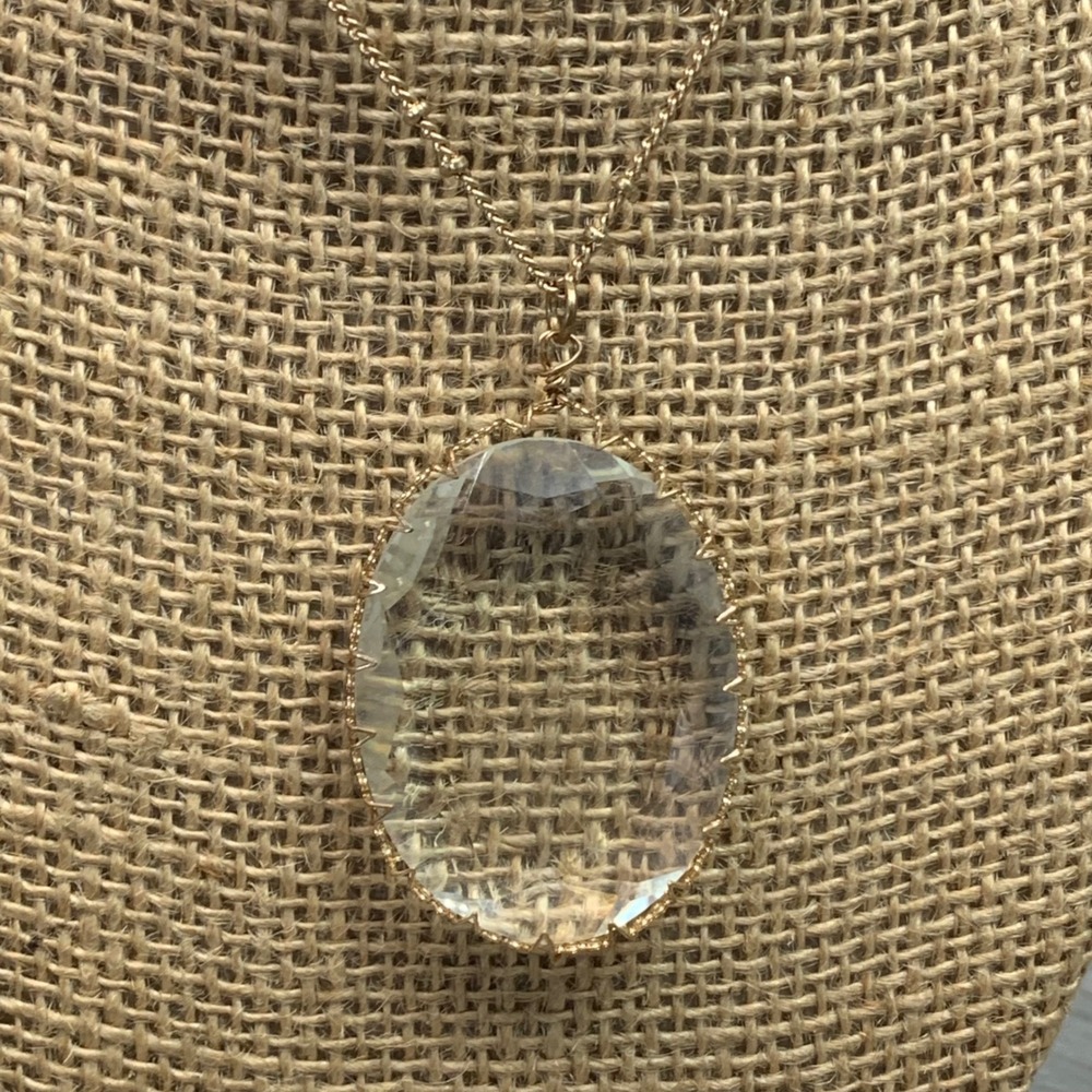 Gold Tone Long Satellite Chain Necklace Large Oval Clear Faceted Glass Pendant